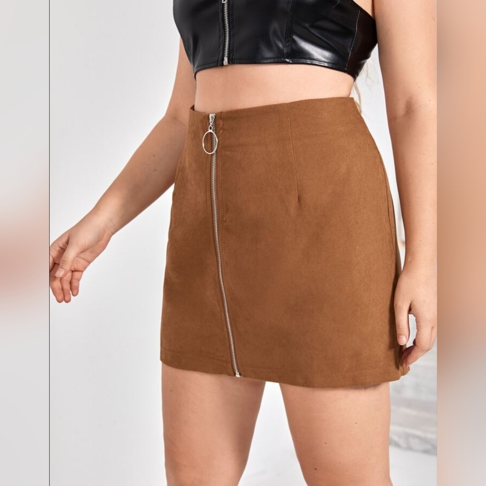🌿Shein Women's Medium O Ring Zipper Brown Corduroy Mini Skirt-Adorable! - Picture 3 of 11